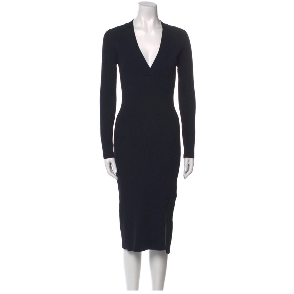 Reiss Hunter Green Long Sleeve, V-Neck Ribbed Knit Midi Dress